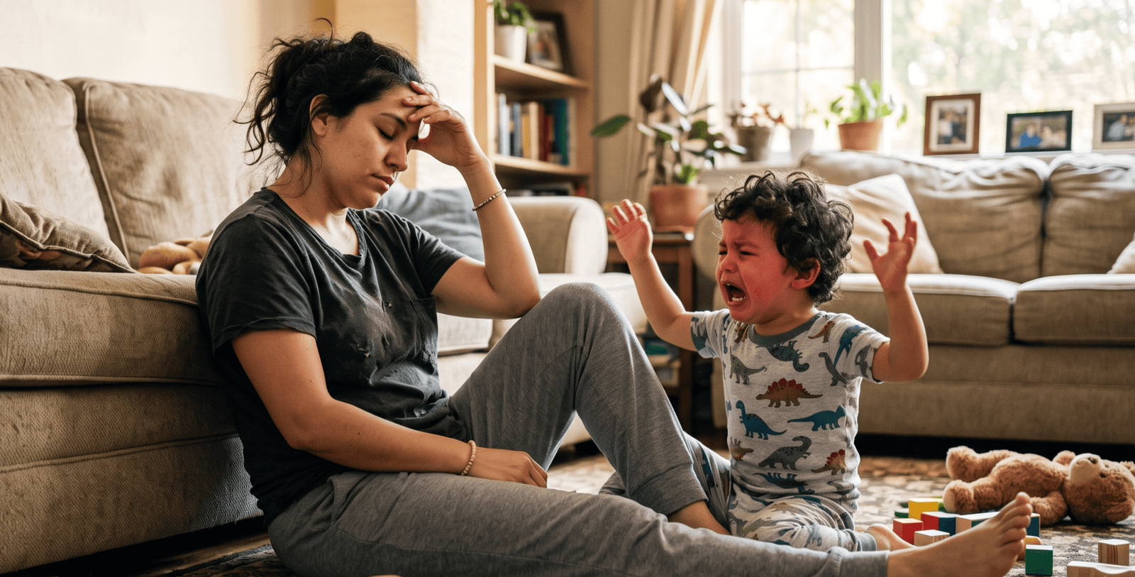 Exhausted mother next to her child